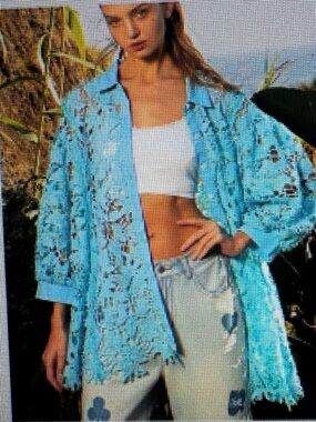 POL Light Blue chambray accented by Aqua Embroidered shirt Button-Front Top 1